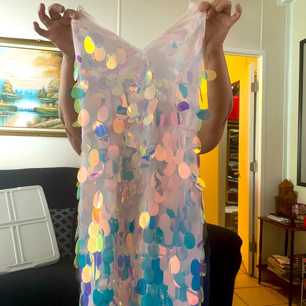 White short dress with iridescent hanging, super fun dress for party or events